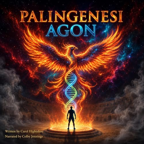 Palingenesi Agon audiobook cover featuring a fiery phoenix and glowing DNA helix